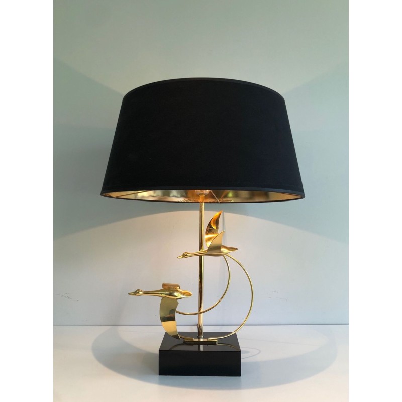 Brass Table Lamp with Flock of Wild Geese, French Work, circa 1970