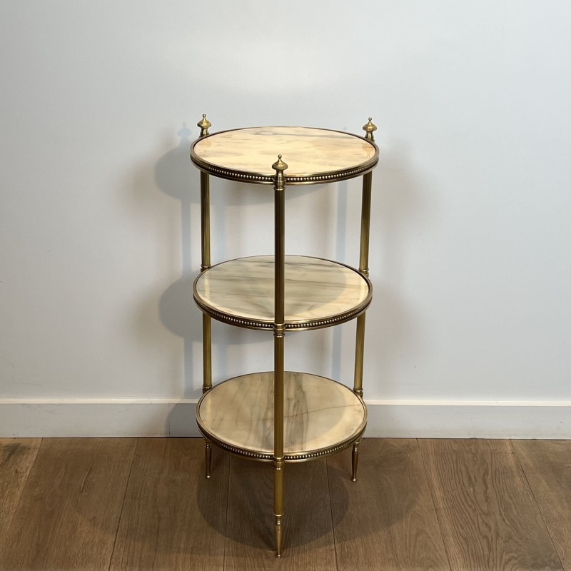 Pedestal Table with Three Veined White Marble Tiers Encircled by Beaded Friezes, Maison Jansen, Circa 1940
