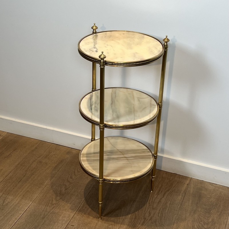 Pedestal Table with Three Veined White Marble Tiers Encircled by Beaded Friezes, Maison Jansen, Circa 1940