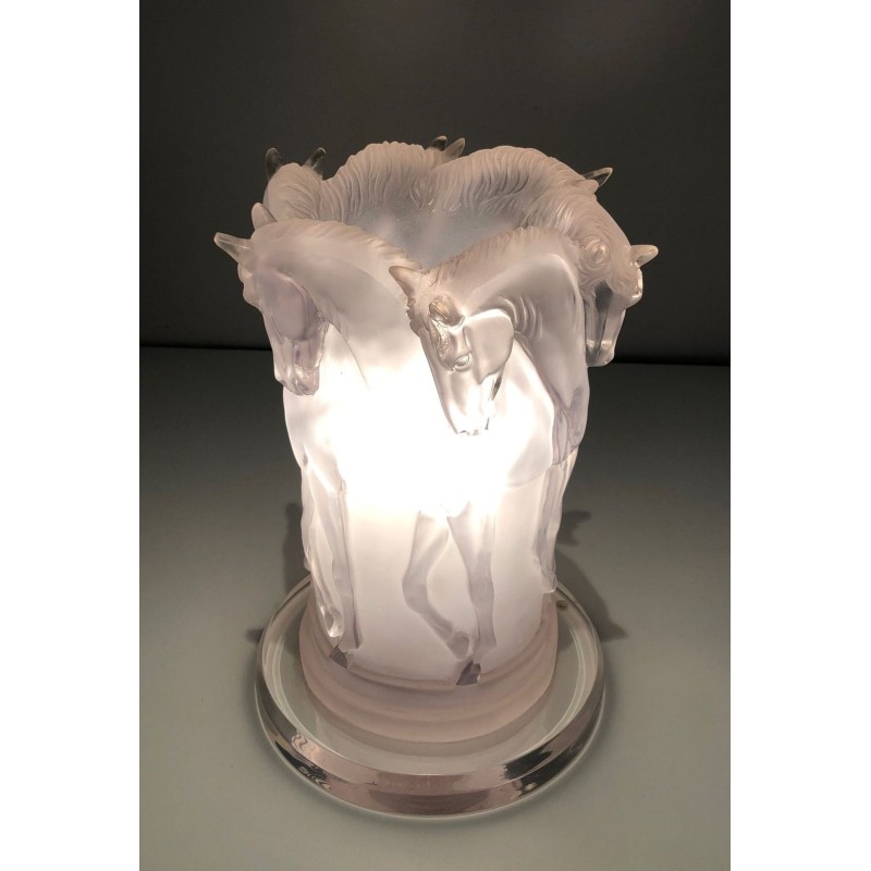 Lucite Table Lamp with Horse Figures, in the Style of Maison Lalique, French Work, circa 1970