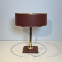 Table Lamp in Burgundy Saddle-Stitched Leather and Gilt, N | Maison Barrois