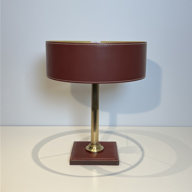 Table Lamp in Burgundy Saddle-Stitched Leather and Gilt, N | Maison Barrois