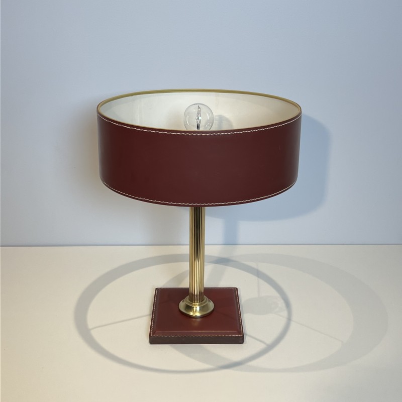 Table Lamp in Burgundy Saddle-Stitched Leather and Gilt, N | Maison Barrois