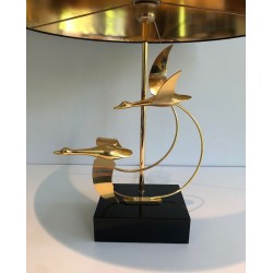 Brass Table Lamp with Flock of Wild Geese, French Work, circa 1970