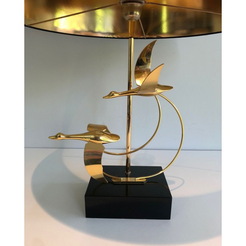 Brass Table Lamp with Flock of Wild Geese, French Work, circa 1970