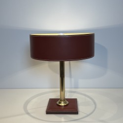 Table Lamp in Burgundy Saddle-Stitched Leather and Gilt, N | Maison Barrois
