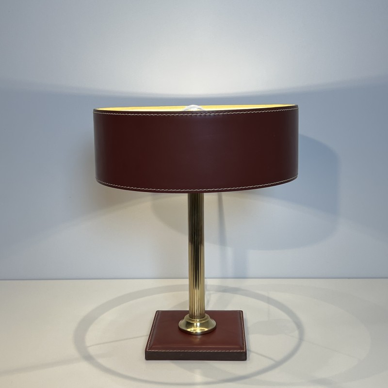 Table Lamp in Burgundy Saddle-Stitched Leather and Gilt, N | Maison Barrois