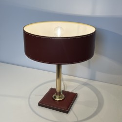 Table Lamp in Burgundy Saddle-Stitched Leather and Gilt, N | Maison Barrois