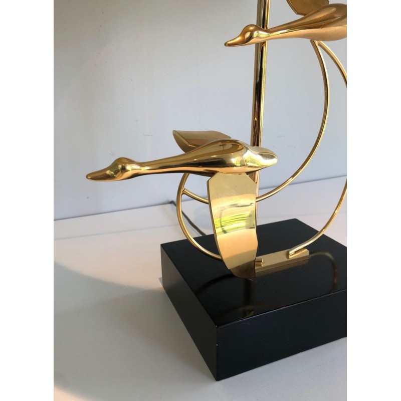 Brass Table Lamp with Flock of Wild Geese, French Work, circa 1970
