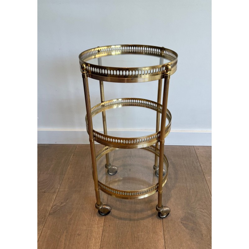Round Brass Bar Cart with Three Glass Tiers and Openwork, | Maison Barrois