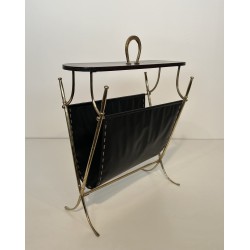 Magazine Rack with Horseshoe Handle in Brass, Wood Top, Ne | Maison Barrois