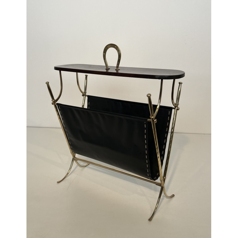 Magazine Rack with Horseshoe Handle in Brass, Wood Top, Ne | Maison Barrois
