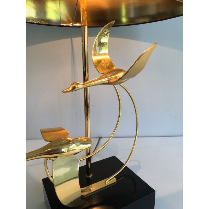 Brass Table Lamp with Flock of Wild Geese, French Work, circa 1970