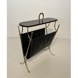 Magazine Rack with Horseshoe Handle in Brass, Wood Top, Ne | Maison Barrois
