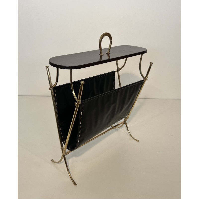 Magazine Rack with Horseshoe Handle in Brass, Wood Top, Ne | Maison Barrois