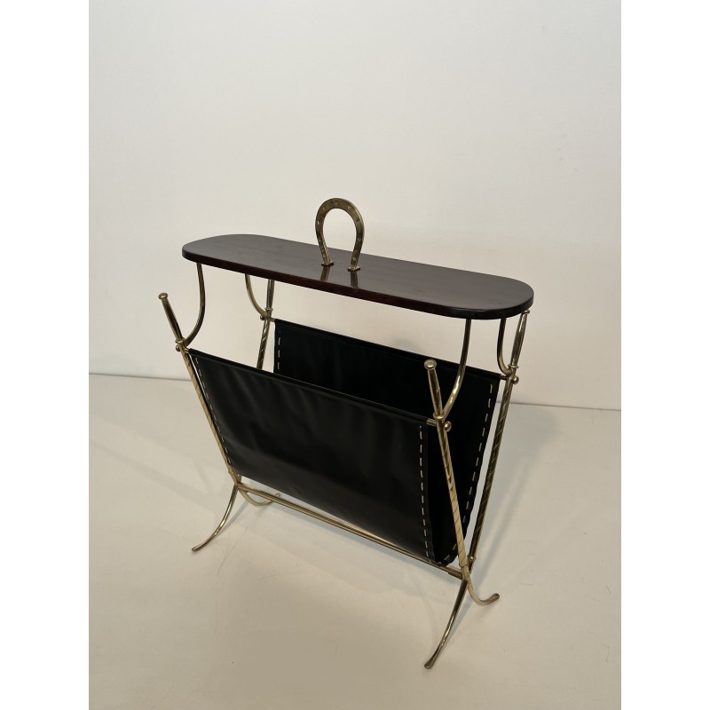 Magazine Rack with Horseshoe Handle in Brass, Wood Top, Ne | Maison Barrois