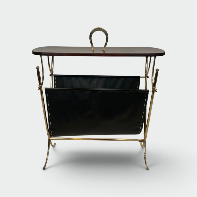 Magazine Rack with Horseshoe Handle in Brass, Wood Top, Ne | Maison Barrois