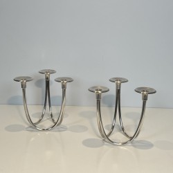Pair of Candlesticks with Three Lights in Chrome Metal, Mo | Maison Barrois
