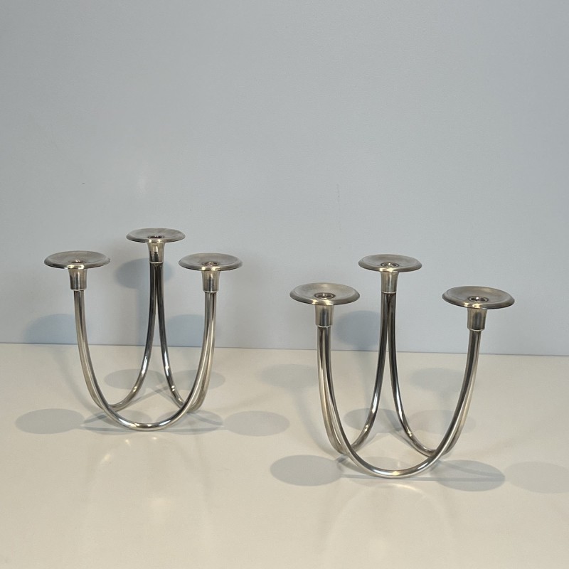 Pair of Candlesticks with Three Lights in Chrome Metal, Mo | Maison Barrois