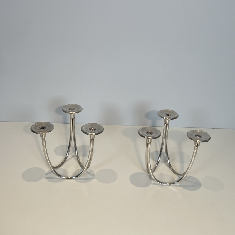 Pair of Candlesticks with Three Lights in Chrome Metal, Mo | Maison Barrois