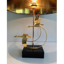 Brass Table Lamp with Flock of Wild Geese, French Work, circa 1970