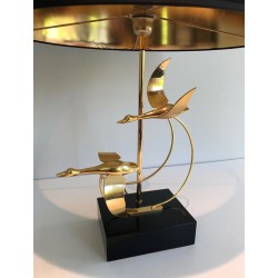 Brass Table Lamp with Flock of Wild Geese, French Work, circa 1970