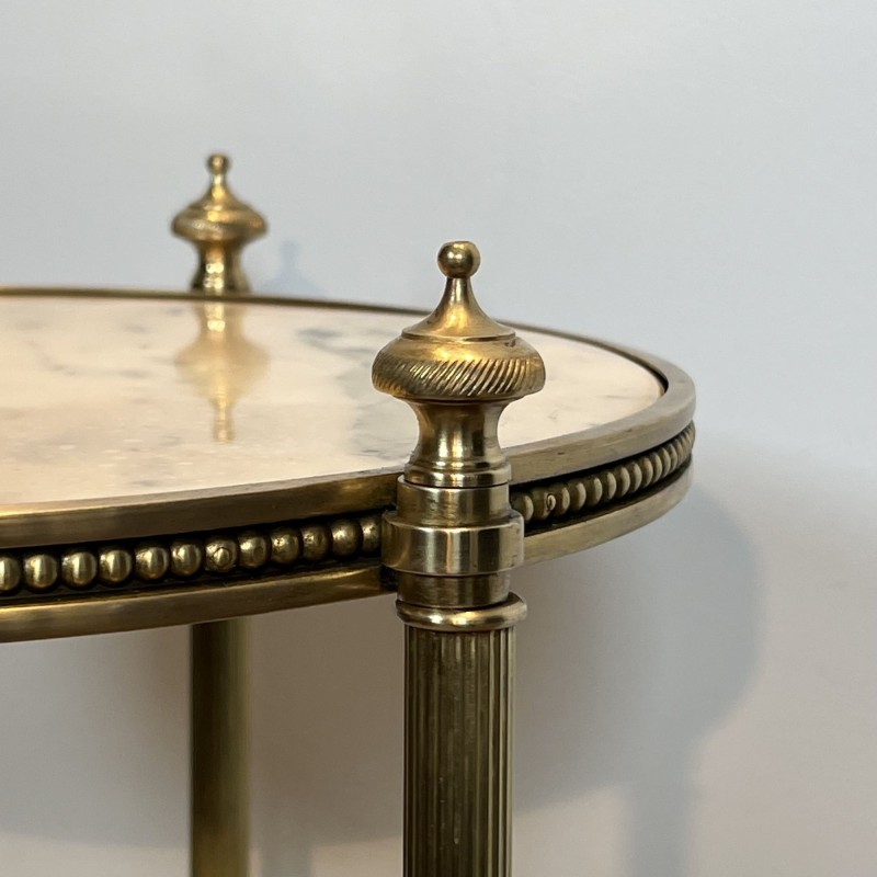 Pedestal Table with Three Veined White Marble Tiers Encircled by Beaded Friezes, Maison Jansen, Circa 1940