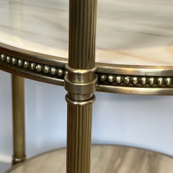 Pedestal Table with Three Veined White Marble Tiers Encircled by Beaded Friezes, Maison Jansen, Circa 1940