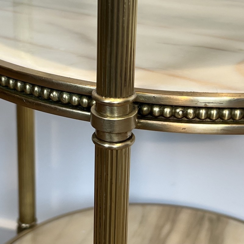 Pedestal Table with Three Veined White Marble Tiers Encircled by Beaded Friezes, Maison Jansen, Circa 1940