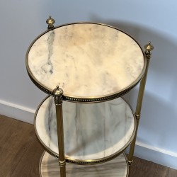 Pedestal Table with Three Veined White Marble Tiers Encircled by Beaded Friezes, Maison Jansen, Circa 1940