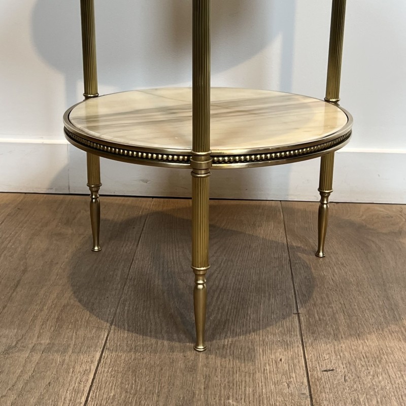 Pedestal Table with Three Veined White Marble Tiers Encircled by Beaded Friezes, Maison Jansen, Circa 1940