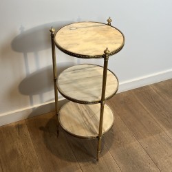 Pedestal Table with Three Veined White Marble Tiers Encircled by Beaded Friezes, Maison Jansen, Circa 1940