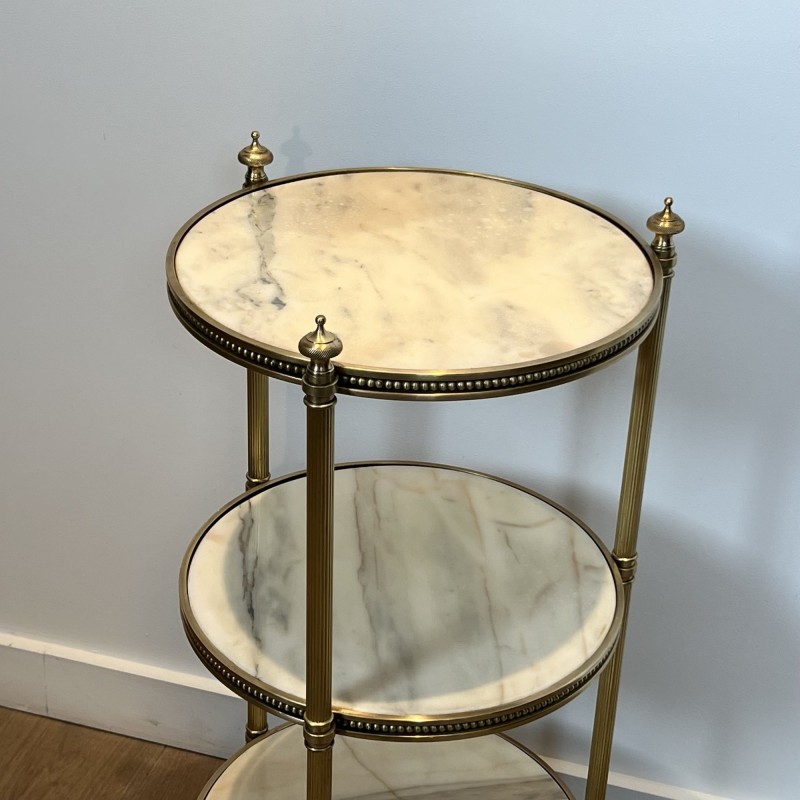 Pedestal Table with Three Veined White Marble Tiers Encircled by Beaded Friezes, Maison Jansen, Circa 1940