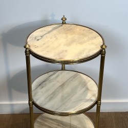 Pedestal Table with Three Veined White Marble Tiers Encircled by Beaded Friezes, Maison Jansen, Circa 1940