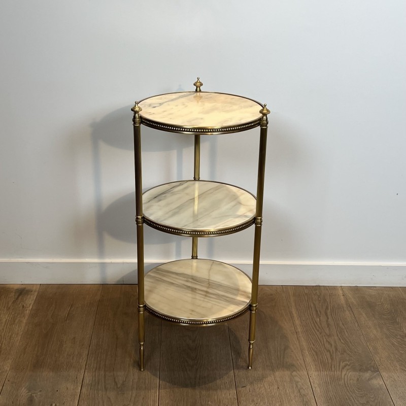 Pedestal Table with Three Veined White Marble Tiers Encircled by Beaded Friezes, Maison Jansen, Circa 1940