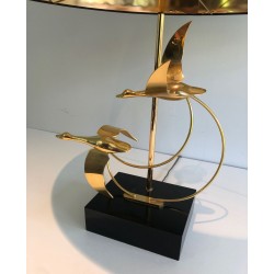 Brass Table Lamp with Flock of Wild Geese, French Work, circa 1970
