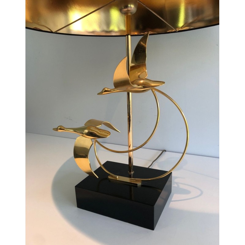 Brass Table Lamp with Flock of Wild Geese, French Work, circa 1970