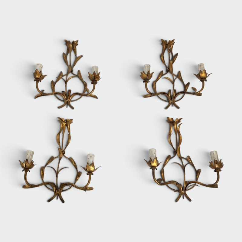 Set of Four Two-Light Sconces in Gilt Metal with Foliage D | Maison Barrois