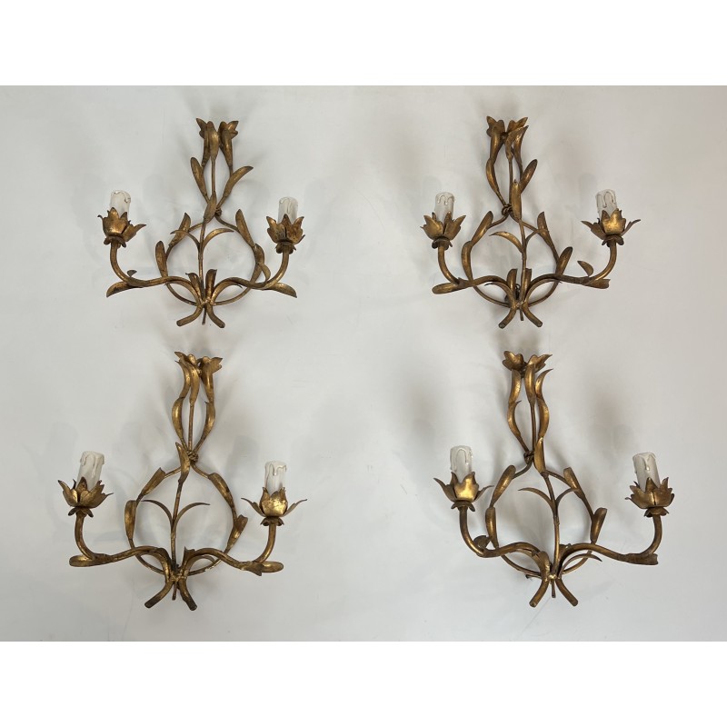 Set of Four Two-Light Sconces in Gilt Metal with Foliage D | Maison Barrois