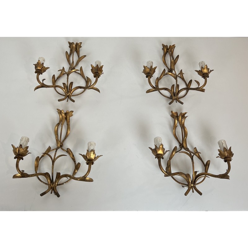 Set of Four Two-Light Sconces in Gilt Metal with Foliage D | Maison Barrois