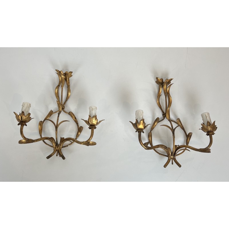 Set of Four Two-Light Sconces in Gilt Metal with Foliage D | Maison Barrois