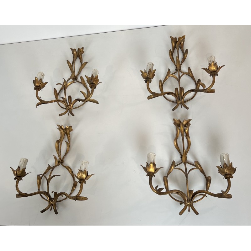 Set of Four Two-Light Sconces in Gilt Metal with Foliage D | Maison Barrois