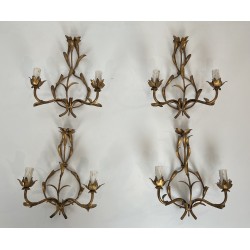 Set of Four Two-Light Sconces in Gilt Metal with Foliage D | Maison Barrois