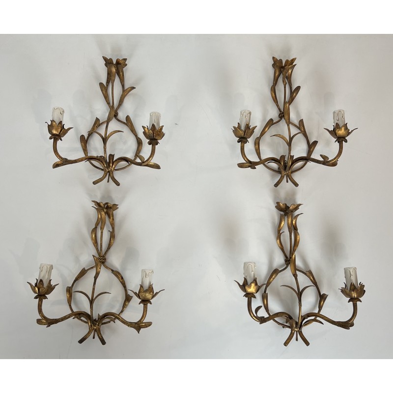 Set of Four Two-Light Sconces in Gilt Metal with Foliage D | Maison Barrois