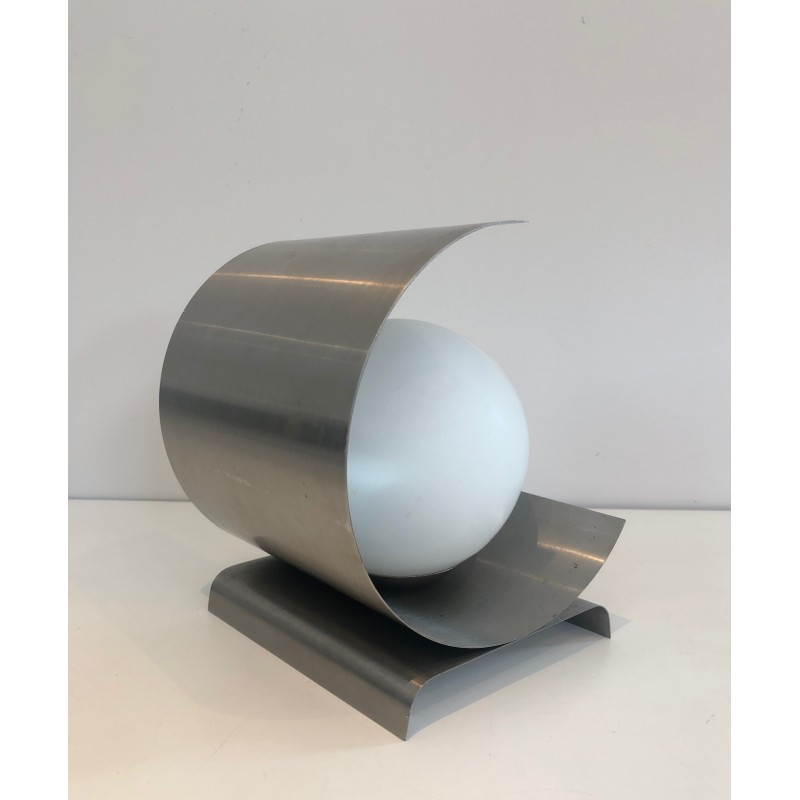 Lamp in Coiled Brushed Steel Sheet with a White Opaline, M | Maison Barrois
