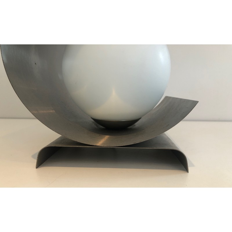 Lamp in Coiled Brushed Steel Sheet with a White Opaline, M | Maison Barrois