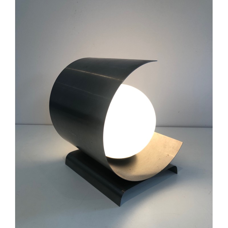 Lamp in Coiled Brushed Steel Sheet with a White Opaline, M | Maison Barrois