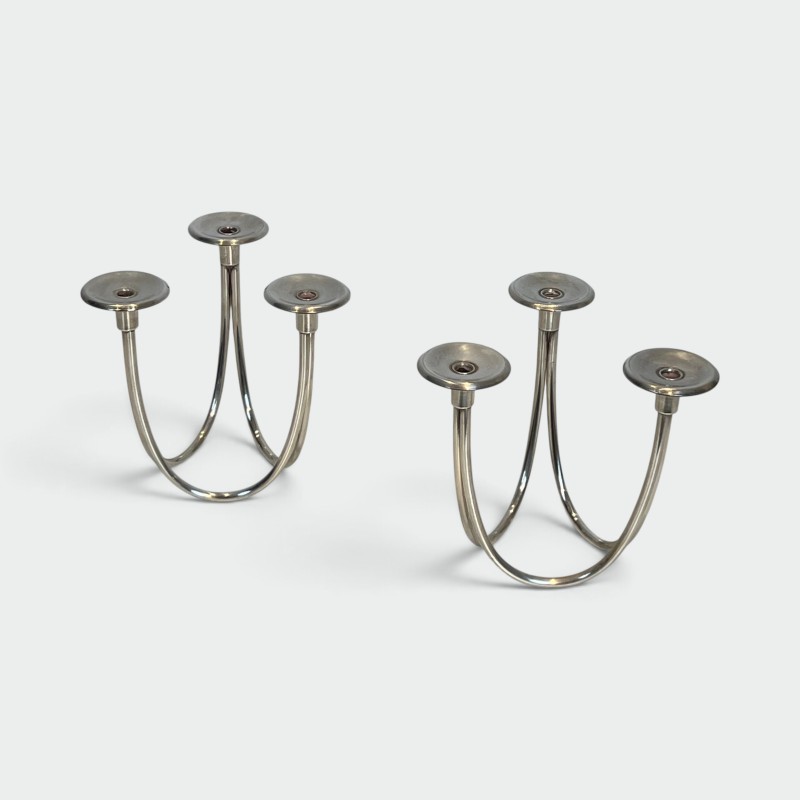 Pair of Candlesticks with Three Lights in Chrome Metal, Mo | Maison Barrois