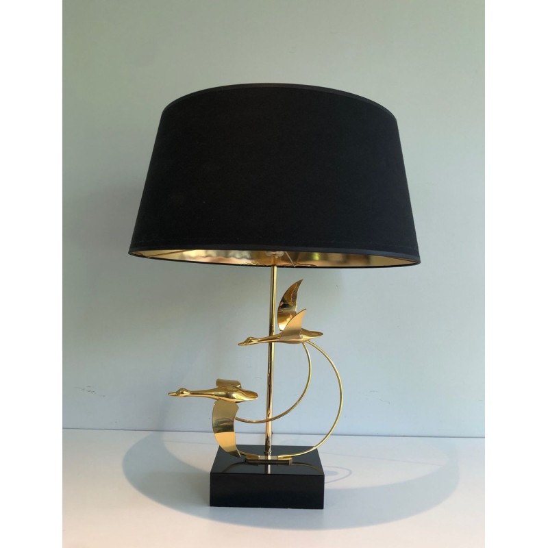 Brass Table Lamp with Flock of Wild Geese, French Work, circa 1970