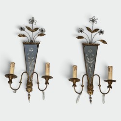 Pair of Sconces with Engraved Mirror and Beaded Flowers, N | Maison Barrois